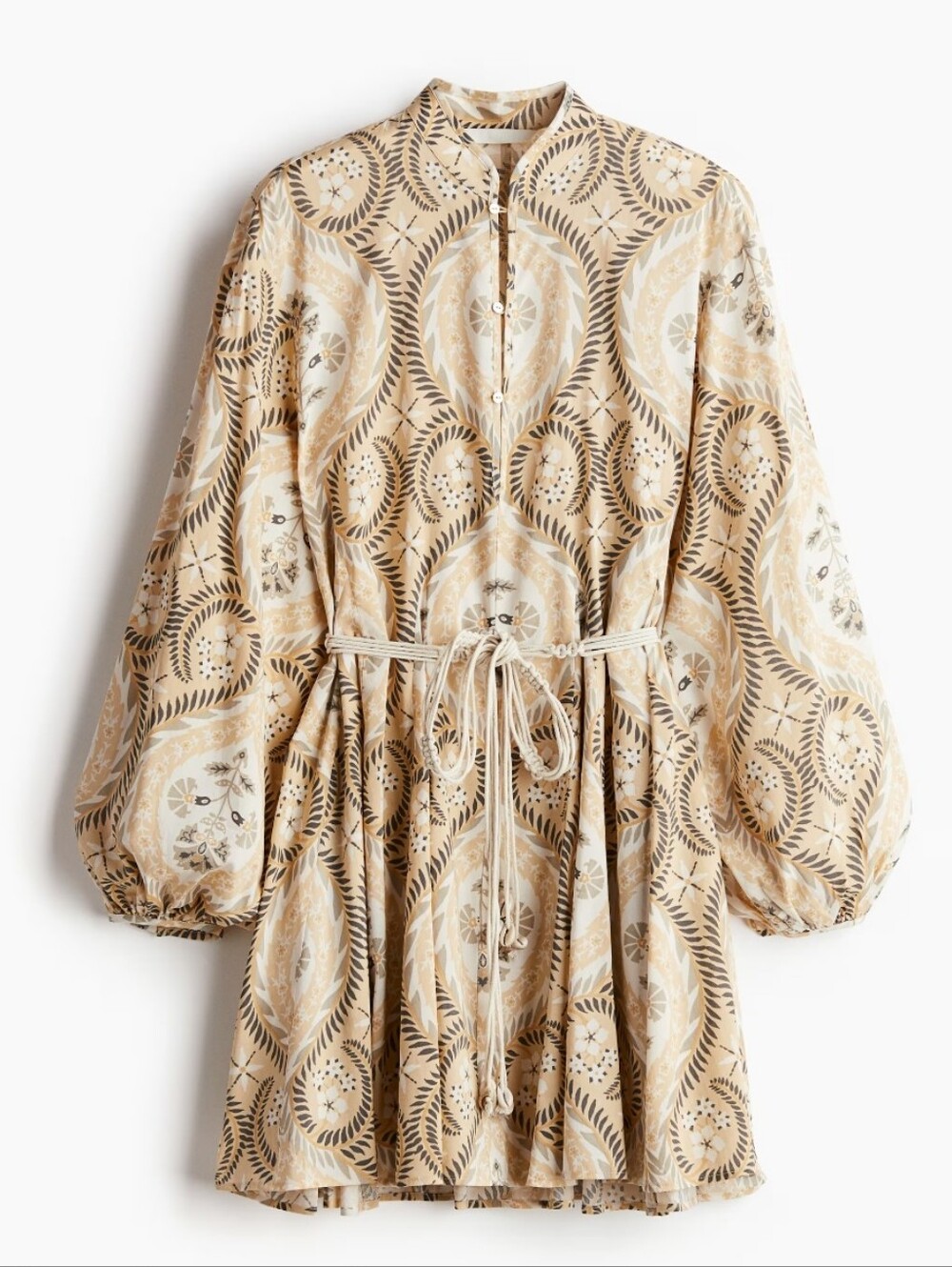 H&M Beige Patterned Tie-Waist Boho Dress